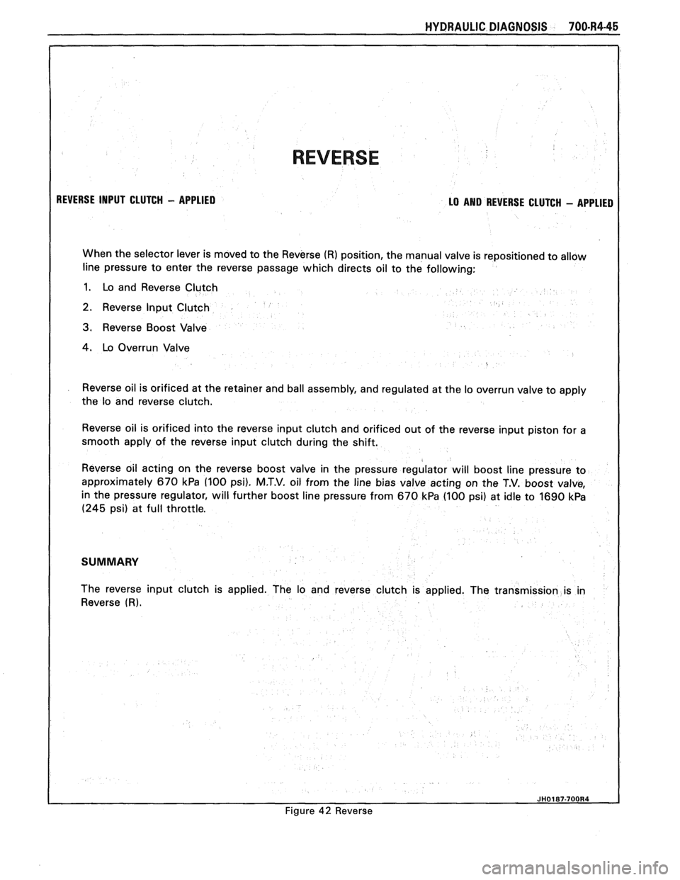 PONTIAC FIERO 1988  Service Repair Manual 
HYDRAULIC DIAGNOSIS 700-84-45 
REVERSE 
REVERSE INPUT CLUTCH - APPLIED 
LO AND REVERSE CLUTCH - APPLIED 
When the  selector lever is moved to the  Reverse (R) position,  the manual  valve is repositi