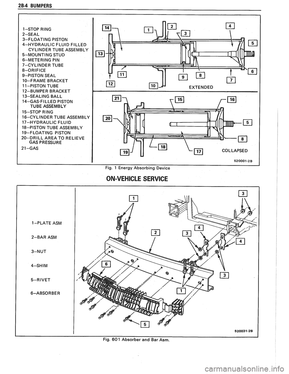 PONTIAC FIERO 1988  Service Repair Manual 
28-4 BUMPERS 
1-STOP RlNG 
2-SEAL 3-FLOATING  PISTON 
4-HYDRAULIC  FLUID FILLED 
CYLINDER  TUBE ASSEMBLY 
5-MOUNTING  STUD 
6-METERING  PIN 
7-CYLINDER  TUBE 
8-ORIFICE  
9-PISTON  SEAL 
10-FRAME  BR