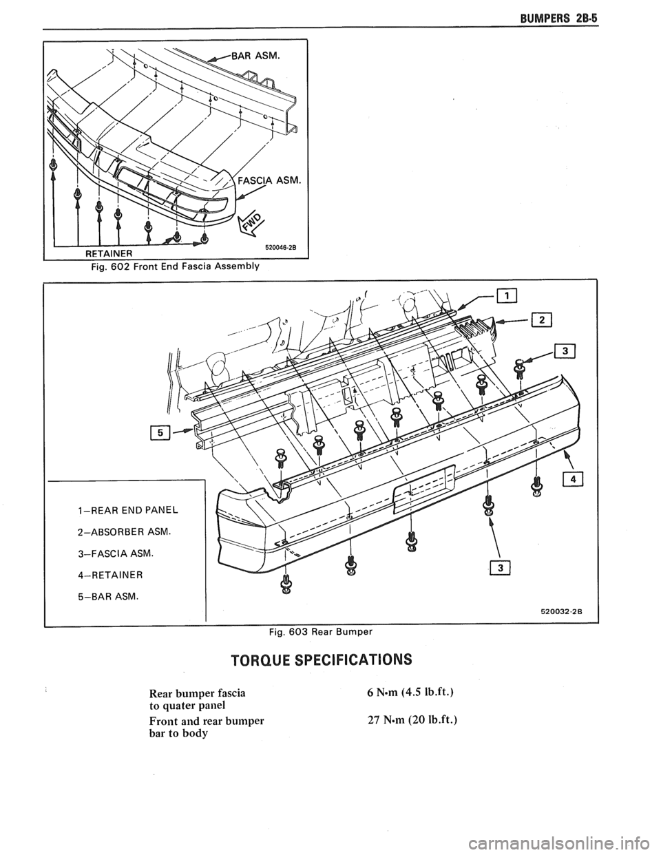 PONTIAC FIERO 1988  Service Repair Manual 
BUMPERS 28.5 
TORQUE SPECIFICATIONS 
Rear bumper  fascia 
to  quater 
pailel 
Front and rear  bumper 
bar  to body   