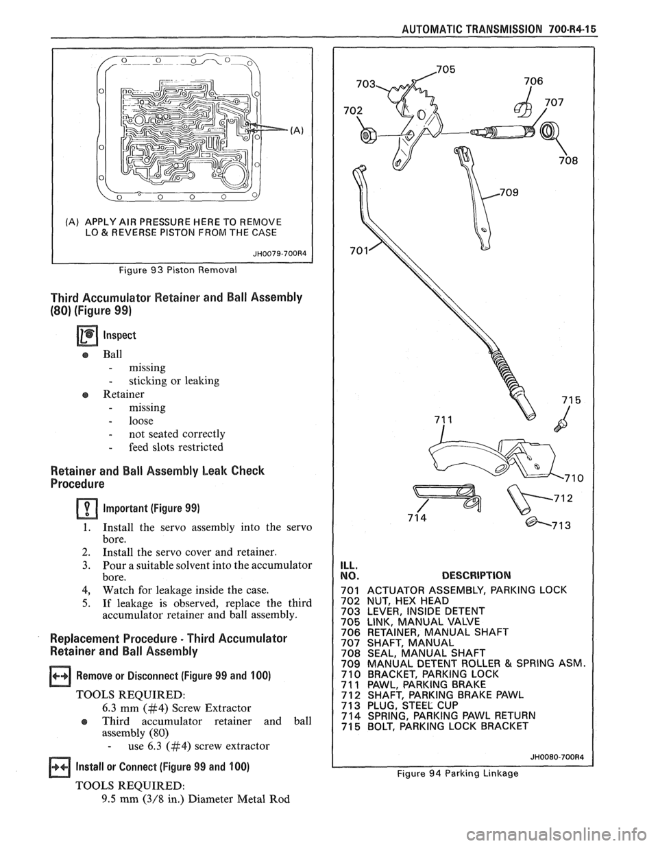 PONTIAC FIERO 1988  Service Repair Manual 
AUTOMATIC TRANSMISSION 700.84-1 5 
(A) APPLY AIR PRESSURE  WERE TO REMOVE 
LO & REVERSE PISTON  FROM THE  CASE 
Third Accumulator Retainer and  Ball Assembly 
(80) (Figure 99) 
Ball 
- missing 
- sti