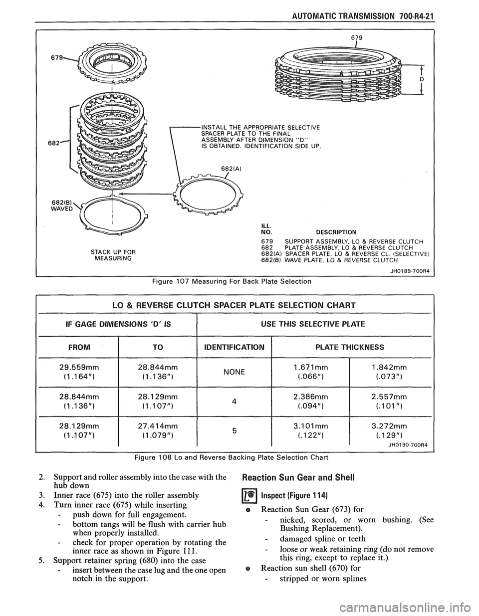 PONTIAC FIERO 1988  Service Repair Manual 
AUTOMATIC TRANSMISSION 700.R4-21 
INSTALL THE APPROPRIATE  SELECTIVE 
SPACER  PLATE TO THE  FINAL 
ASSEMBLY  AFTER DIMENSION "D" 
IS  OBTAINED.  IDENTIFICATION 
SIDE UP. 
682(B) WAVED 
STACK UP FOR 
