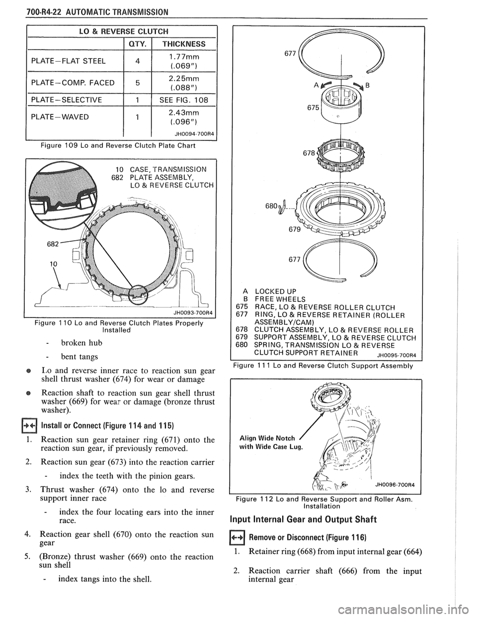 PONTIAC FIERO 1988  Service Repair Manual 
700-R4-22 AUTOMATIC TRANSMISSION 
I PLATE-COMP.  FACED 2.25mm 
1 1 (.088") I 
I PLATE-SELECTIVE I 1 I SEE FIG. 108 1 
PLATE - WAVED 2.43mm 
Figure 109 Lo and  Reverse  Clutch Plate Chart 
10 CASE,  T