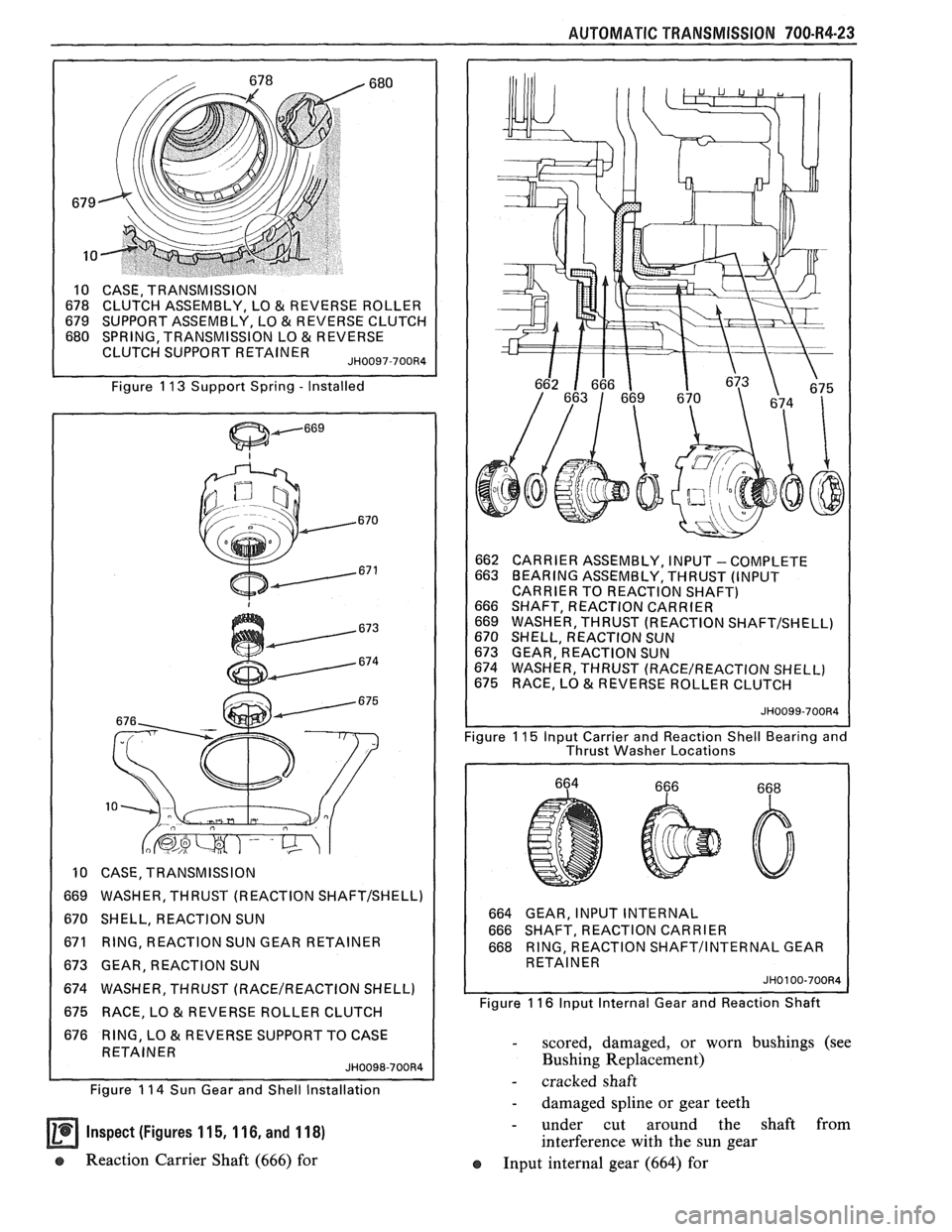 PONTIAC FIERO 1988  Service Repair Manual 
AUTOMATIC TRANSMISSION 700-R4-23 
Y, LO & REVERSE  ROLLER 
662 CARRIER  ASSEMBLY,  INPUT 
- COMPLETE 
663  BEARING  ASSEMBLY,  THRUST (INPUT 
CARRIER  TO REACTION  SHAFT) 
666  SHAFT,  REACTION CARRI