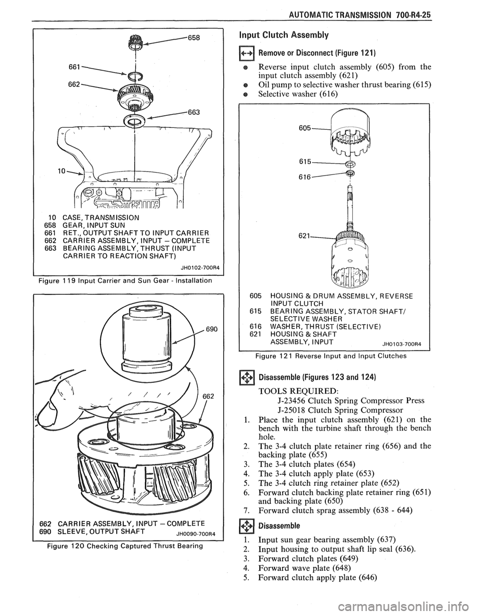 PONTIAC FIERO 1988  Service Repair Manual 
AUTOMATIC TRANSMISSION 700-R4-25 
10 CASE, TRANSMISSION 
658 GEAR,  INPUT SUN 661 RET., OUTPUT  SHAFT TO  INPUT CARRIER 662 CARRIER  ASSEMBLY,  INPUT -COMPLETE 663 BEARING ASSEMBLY,  THRUST (INPUT 
C