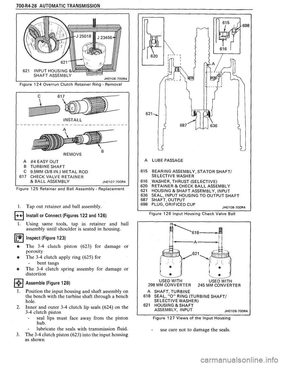 PONTIAC FIERO 1988  Service Repair Manual 
700-R4-28  AUTOMATIC TRANSMISSION 
Figure 124 Overrun Clutch Retainer  Ring - Removal 
REMOVE 
" 
A #4 EASY  OUT 
B  TURBINE SHAFT 
C 9.5MM (318 IN.)  METAL  ROD 
617 CHECK VALVE  RETAINER 
& BALL AS