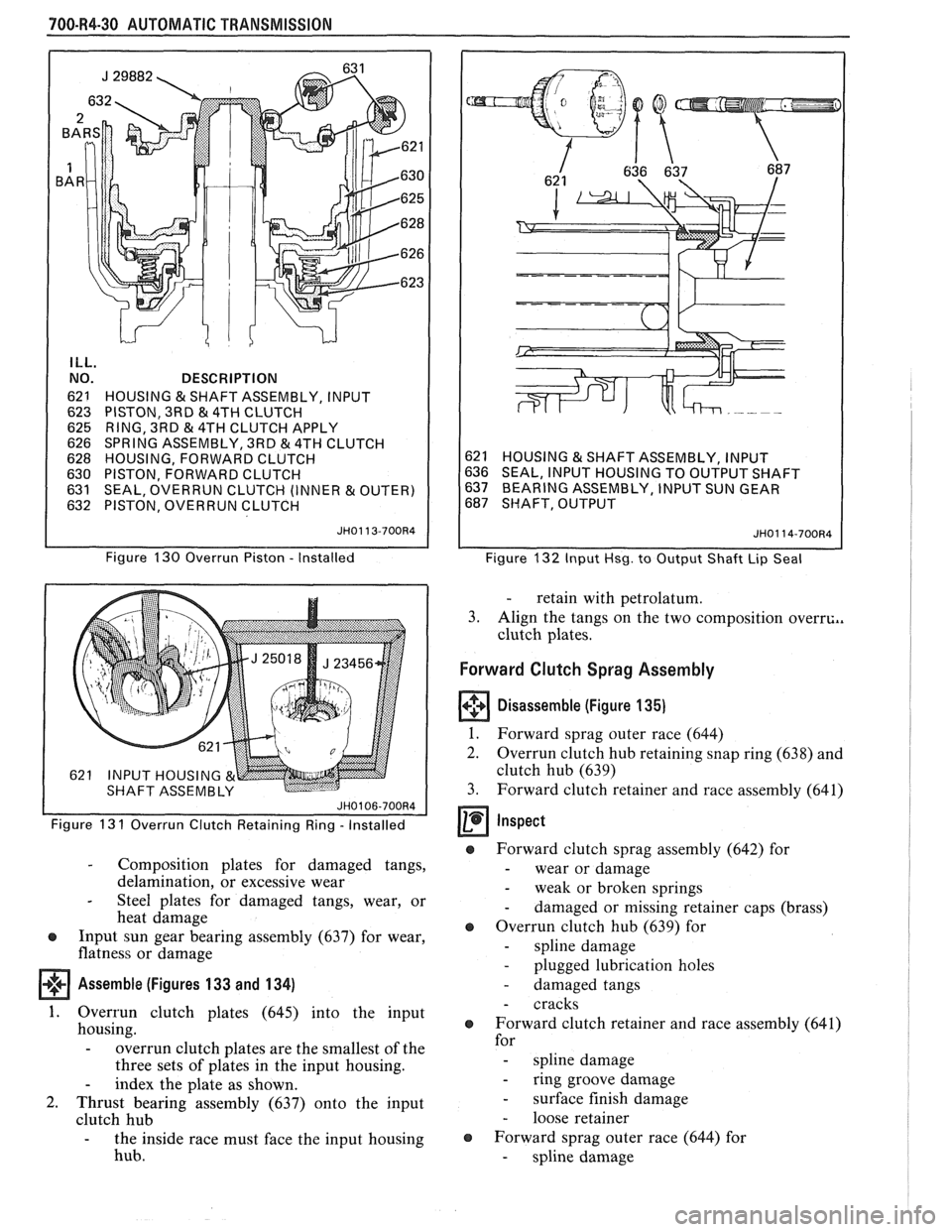PONTIAC FIERO 1988  Service Repair Manual 
700-R4-30  AUTOMATIC TRANSMISSION 
ILL. 
NO. 
62 
1 
623  625  
626 
628 
630 
63 
1 632  DESCRIPTION 
HOUSING 
& SHAFT  ASSEMBLY,  INPUT 
PISTON,  3RD 
& 4TH CLUTCH 
RING,  3RD 
81 4TH CLUTCH  APPLY
