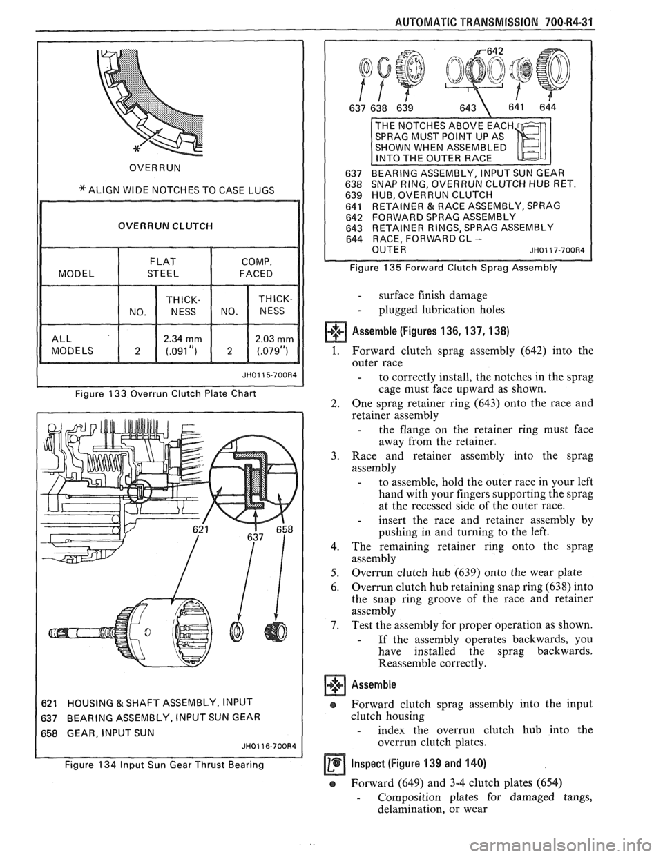 PONTIAC FIERO 1988  Service Repair Manual 
AUTOMATIC  TRANSMISSION 700.R4-31 
OVERRUN 
*ALIGN WIDE NOTCHES TO CASE  LUGS 
I OVERRUN  CLUTCH I 
I I Figure 133 Overrun Clutch  Plate Chart 
621  HOUSING 
& SHAFT 
ASSEMBLY, INPUT 
637 BEARING 
AS