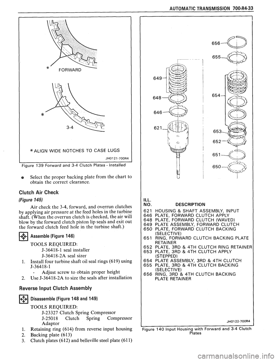 PONTIAC FIERO 1988  Service Repair Manual 
I *ALIGN WIDE NOTCHES TO CASE  LUGS ( 
Select  the proper  backing plate  from the chart  to 
obtain  the  correct  clearance. 
Clutch Air Check 
(Figure 145) 
Air check  the 3-4, forward,  and overr