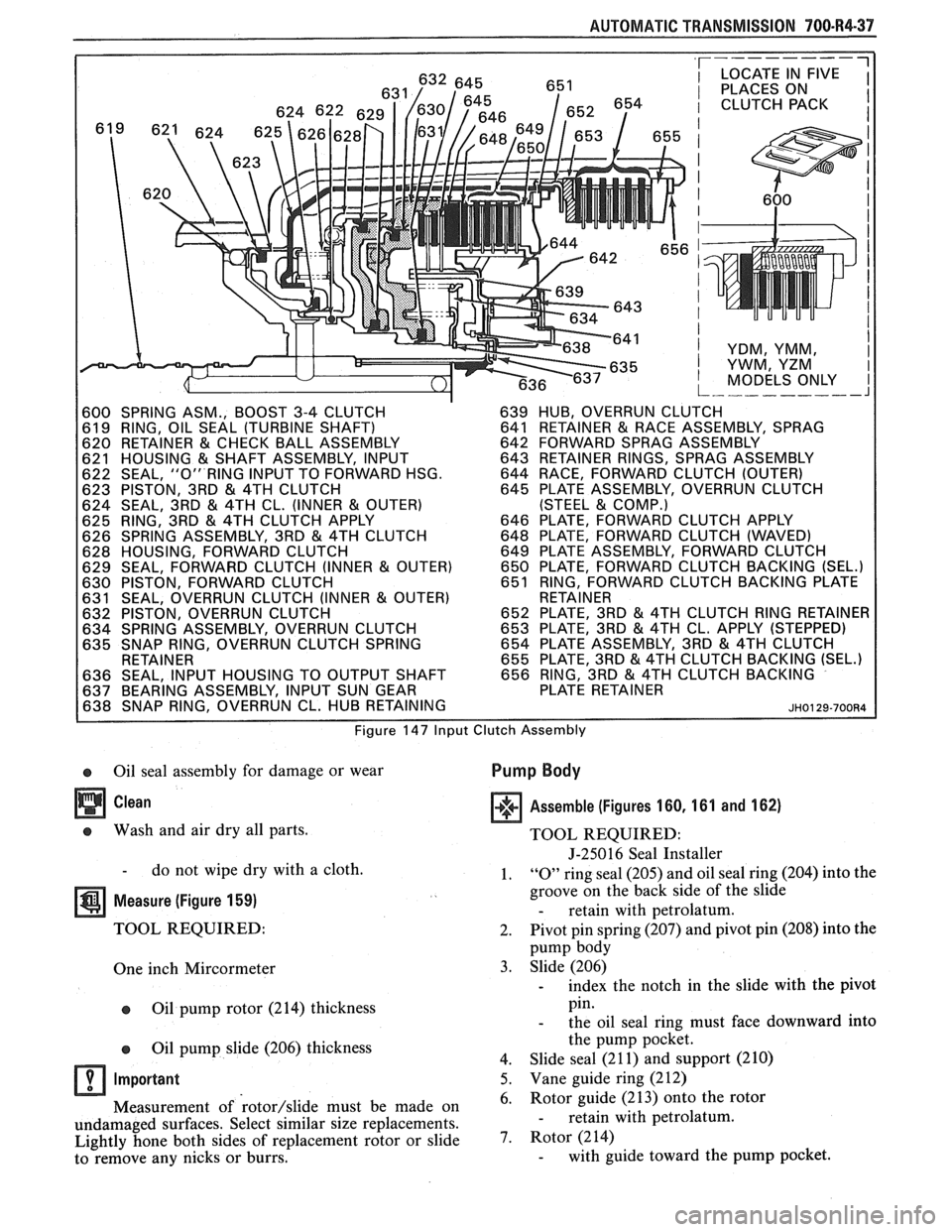 PONTIAC FIERO 1988  Service Repair Manual 
AUTOMATIC TRANSMISSION 700-R4-37 
600 SPRING  ASM., BOOST  3-4 CLUTCH  639 HUB,  OVERRUN  CLUTCH 
61  9  RING,  OIL SEAL  (TURBINE  SHAFT)  641 RETAINER & RACE  ASSEMBLY,  SPRAG 
620  RETAINER & CHEC