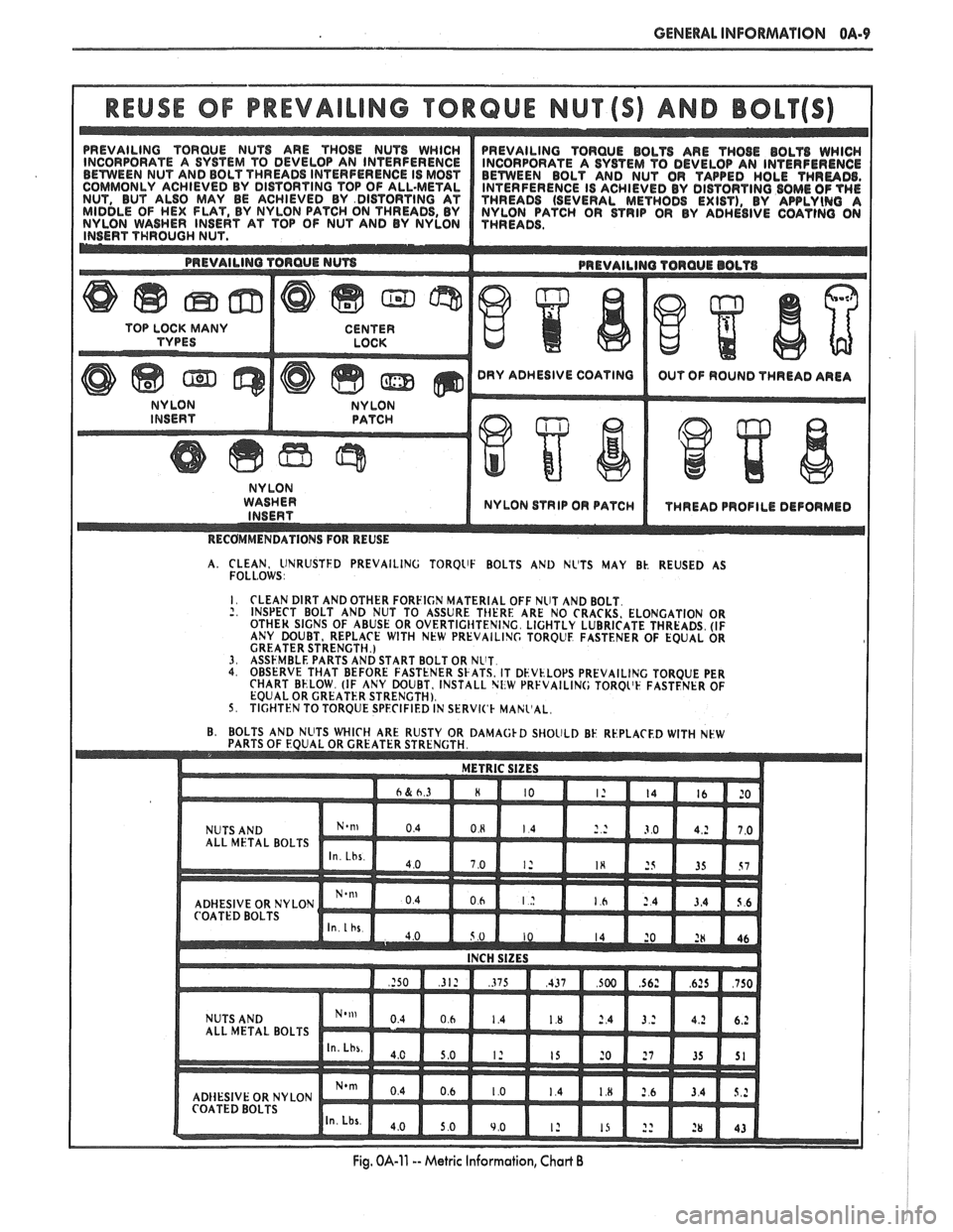 PONTIAC FIERO 1988  Service Repair Manual 
GENERAL INFORMATION OA-9 
REUSE OF PREVAILING "TRQUE NUT AND BOLT 
WASHER NYLON STRIP OR PATC 
I 
A. CLEAN, llNRUSTFD PREVAILING TORQllF BOLTS  AND NLTS  MAY Bk. REUSED  AS FOLL.0WS I I. CLEAN DIRT 