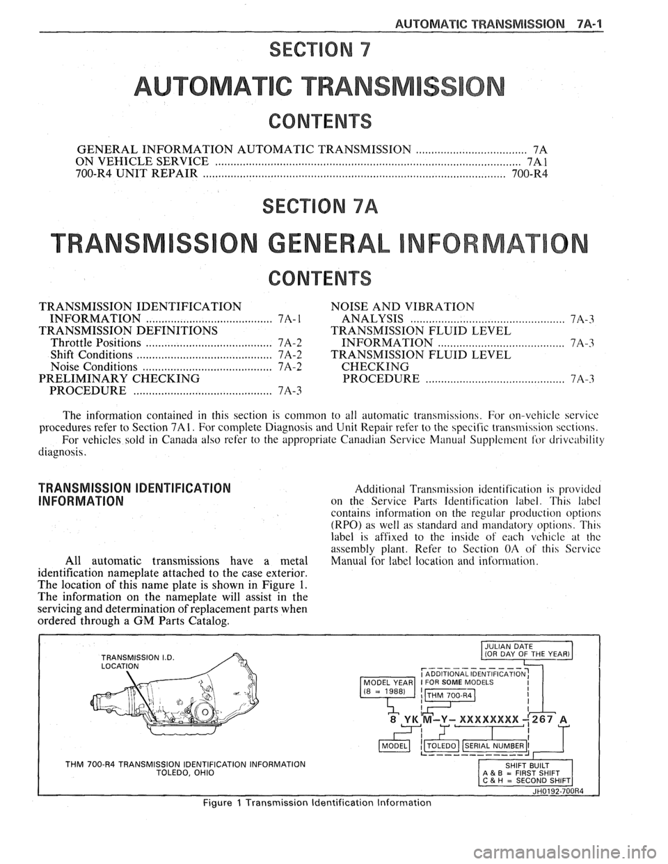 PONTIAC FIERO 1988  Service Repair Manual 
AUTOMATIC TRANSMISSION 7A-1 
SECTION 7 
AUTOMAT C TRANSM 
CONTENTS 
GENERAL INFORMATION  AUTOMATIC TRANSMISSION .................................... 7A 
ON VEHICLE SERVICE ...........................