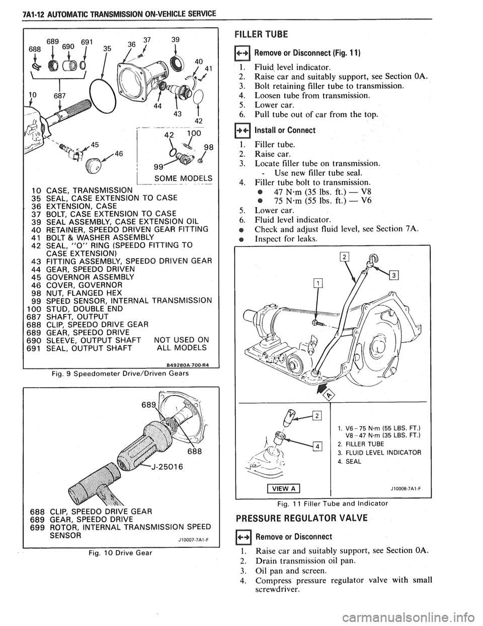 PONTIAC FIERO 1988  Service Repair Manual 
7A1-12 AUTOMATIC TRANSMISSION ON-VEHICLE SERVICE 
SOME  MODELS I--- - .- 
10 CASE, TRANSMISSION 35 SEAL, CASE EXTENSION  TO CASE 
36 EXTENSION,  CASE 37 BOLT,  CASE  EXTENSION  TO  CASE 39 SEAL ASSEM