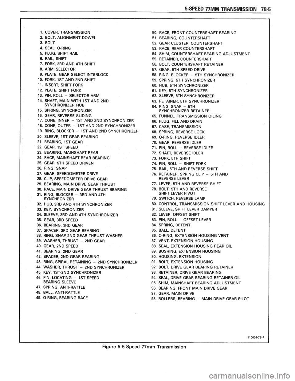 PONTIAC FIERO 1988  Service Repair Manual 
5-SPEED 97MM TRANSMISSION 7B-5 
1.  COVER, TRANSMISSION 
50. RACE,  FRONT  COUNTERSHAFT BEARING 
2.  BOLT,  ALIGNMENT  DOWEL 
51. BEARING,  COUNTERSHAFT 
52.  GEAR  CLUSTER,  COUNTERSHAFT 
4.  SEAL, 