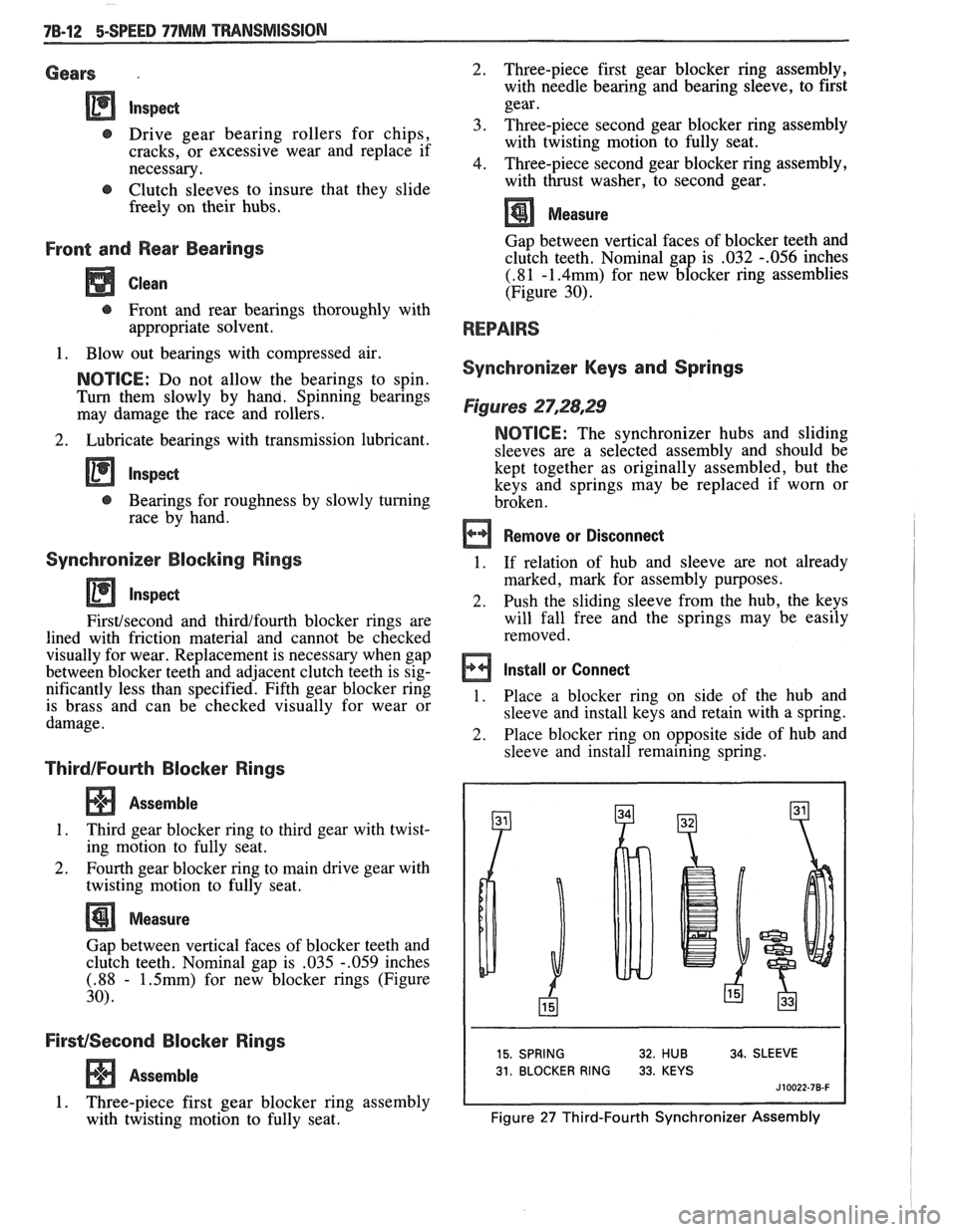 PONTIAC FIERO 1988  Service Repair Manual 
Gears . 
t, Drive gear bearing  rollers for chips, 
cracks,  or excessive  wear  and  replace  if 
necessary. 
@ Clutch  sleeves  to  insure  that  they slide 
freely  on their  hubs. 
Front  and Rea