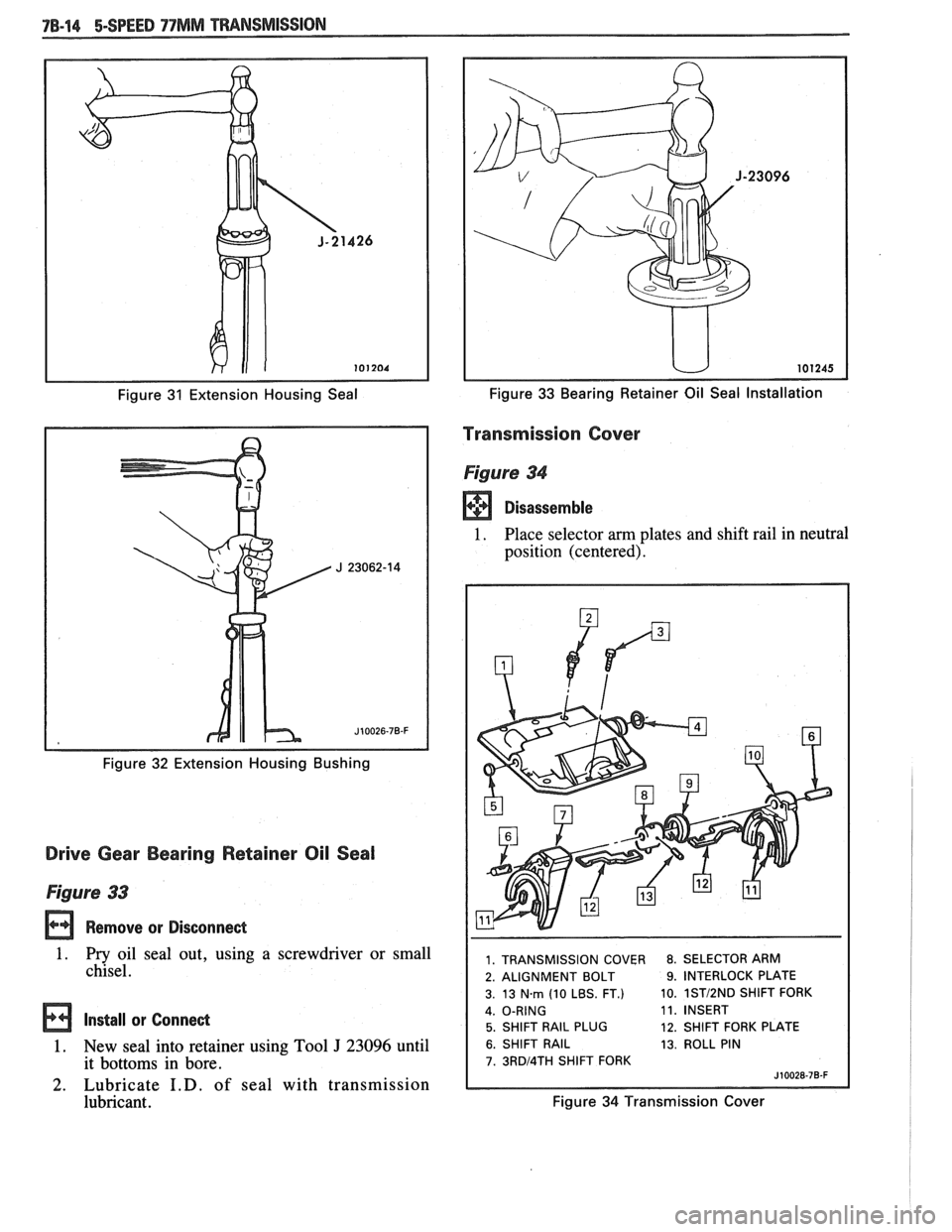 PONTIAC FIERO 1988  Service Repair Manual 
Figure 31 Extension Housing Seal 
Figure 
32 Extension Housing  Bushing 
Drive Gear  Bearing Retainer Oil Seal 
Figure 33 
Remove  or Disconnect 
1. Pry  oil  seal out,  using  a screwdriver  or smal