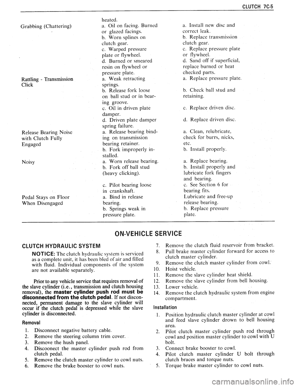PONTIAC FIERO 1988  Service Repair Manual 
CLUTCH 7C-5 
Grabbing (Chattering) 
Rattling 
- Transmission 
Click 
Release  Bearing  Noise 
with  Clutch  Fully 
Engaged 
Noisy 
Pedal  Stays on  Floor 
When  Disengaged  heated. 
a. Oil 
on facing