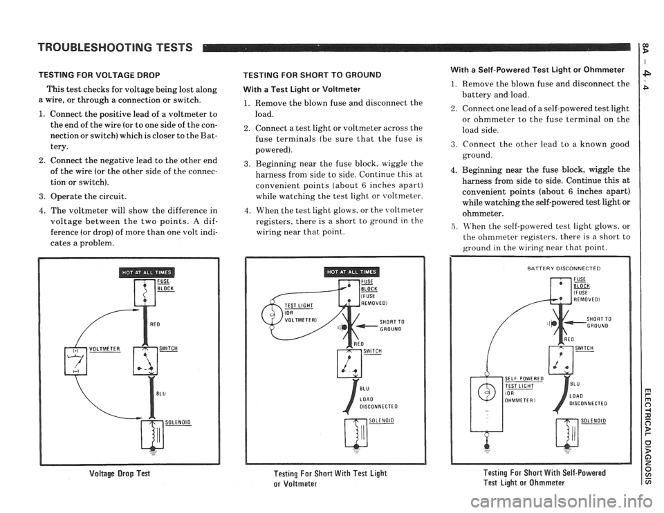 PONTIAC FIERO 1988  Service Repair Manual 
TROUBLESHOOTING TESTS 
TESTING FOR VOLTAGE DROP 
This test checks  for voltage  being lost along 
a wire,  or through  a connection  or switch. 
1. Connect  the positive  lead of a voltmeter  to 
the
