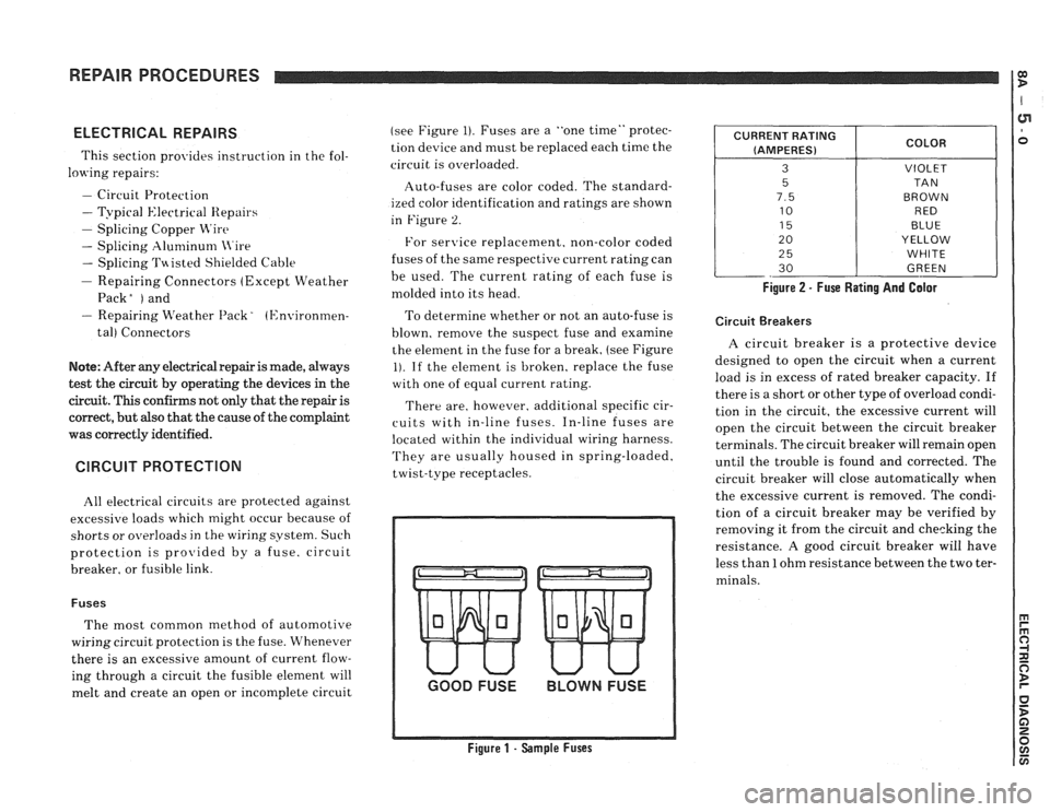 PONTIAC FIERO 1988  Service Repair Manual 
REPAIR PROCEDURES 0) B 
ELECTRICAL  REPAIRS 
This section provides  instruction in the  fol- 
lowing  repairs: 
- Circuit Protection 
- Typical  Electrical Repairs 
- Splicing  Copper Wire 
- Splicin