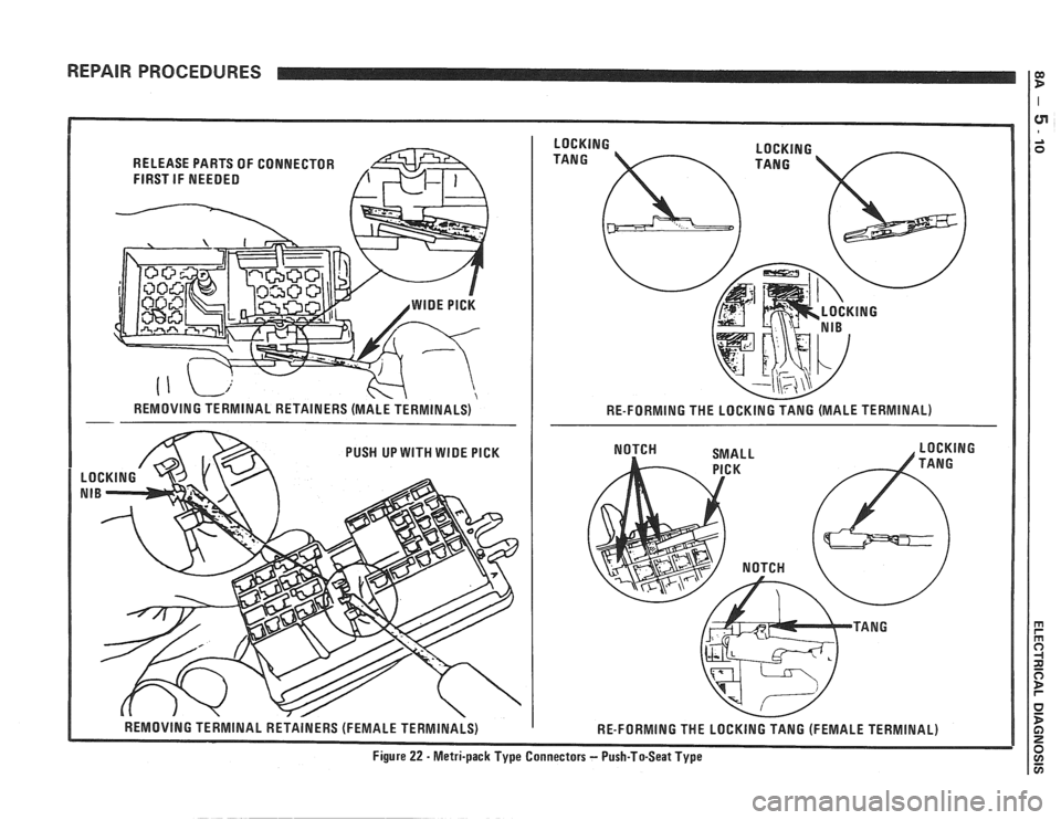 PONTIAC FIERO 1988  Service Repair Manual 
REPAIR PROCEDURES 1: 
RELEASE PARTS  OF CONNECTOR 
FIRST 
IF NEEDED 
REMOVING  TERMINAL  RETAINERS (MALE TERMINALS) 
RE-FORMING THE LOCKING  TANG (MALE  TERMINAL) 
REMOVING  TERMINAL  RETAINERS (FEMA