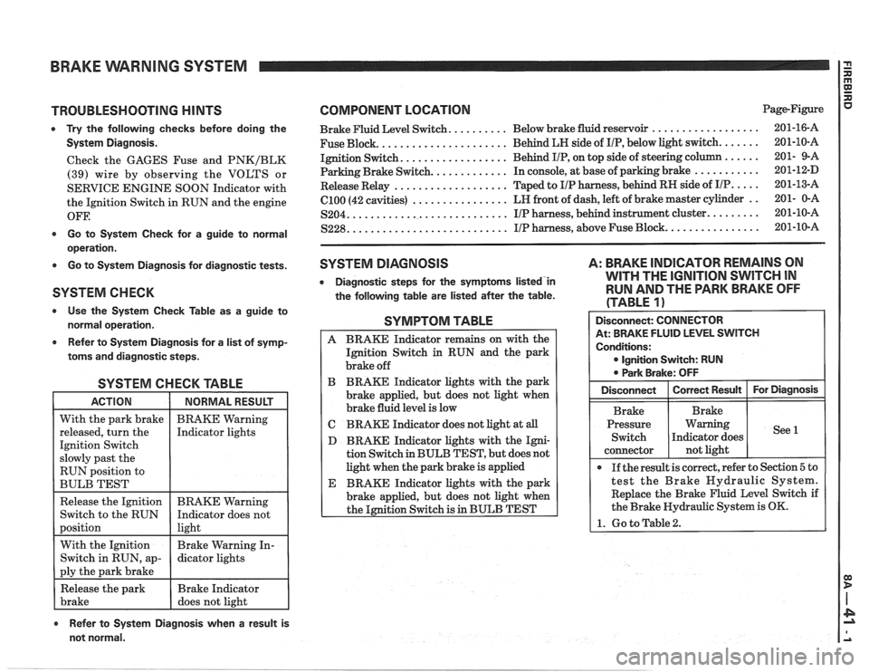 PONTIAC FIERO 1988  Service Repair Manual 
BRAKE VVARNlNG SYSTEM 
TROUBLESHOOTING HINTS 
0 Try the  following  checks before doing the 
System Diagnosis. 
Check  the GAGES  Fuse and PNKIBLK 
(39) wire  by  observing  the VOLTS  or 
SERVICE  E