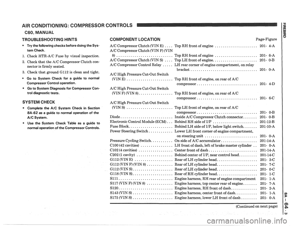 PONTIAC FIERO 1988  Service Repair Manual 
AIR CONDITIONING:  COMPRESSOR CONTROLS 
660. MANUAL 
TROUBLESHOOTING 
HINTS 
Try  the following  checks before doing the Sys- 
tem  Check 
. 
1 . Check HTR-A/C Fuse by visual inspection . 
2 . Check 