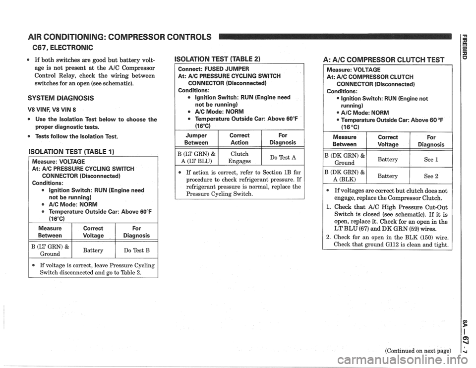PONTIAC FIERO 1988  Service Repair Manual 
AIR CONDITIONING:  COMPRESSOR CONTROLS 
667, ELECTRONIC 
r If both switches  are good  but battery  volt- 
age  is not  present  at the 
A/C Compressor 
Control  Relay,  check  the wiring  between 
s
