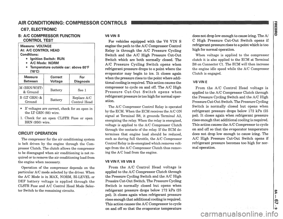 PONTIAC FIERO 1988  Service Repair Manual 
AIR CONDITIONING:  COMPRESSOR CONTROLS 
B: AIG COMPRESSOR FUNGTlON 
CONTROL TEST 
Measure: VOLTAGE 
At: AIG CONTROL HEAD 
Conditions: 
e Ignition Switch: RUN 
@ A/C Mode: NORM 
@ Temperature  outside