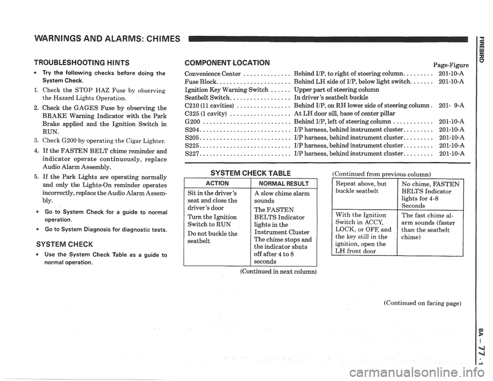 PONTIAC FIERO 1988  Service Repair Manual 
WARNINGS AND ALARMS:  CHIMES 
TROUBLESHOOTING  H lNTS 
* Try the  following  checks  before  doing  the 
System  Check. 
1. Check the STOP  HAZ Fuse by observing 
the  Hazard Lights Operation. 
2.  C