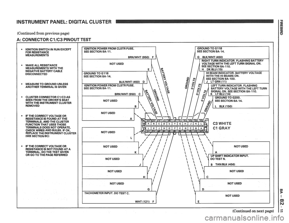 PONTIAC FIERO 1988  Service Repair Manual 
INSTRUMENT PANEL: DIGITAL  CLUSTER 
(Continued  from previous  page) 
A: CONNECTOR C1 163 PINOUT TEST 
IGNITION SWITCH  IN RUN EXCEPT 
FOR  RESISTANCE 
MEASUREMENTS 
* MAKE ALL  RESISTANCE 
MEASUREME