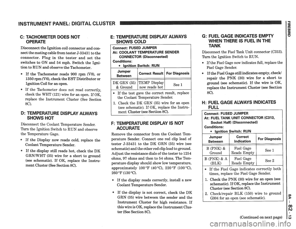 PONTIAC FIERO 1988  Service Repair Manual 
INSTRUMENT PANEL: DIGITAL  CLUSTER 
6: TAGHOMETER DOES NOT 
OPEWTE 
Disconnect  the Ignition  coil connector  and con- 
nect  the matingcable  from tester  5-33431  to the 
connector.  Plug in the  t