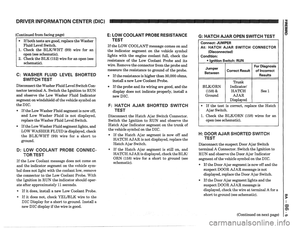 PONTIAC FIERO 1988  Service Repair Manual 
DRIVER INFORMATION  CENTER (DIC) 
(Continued from facing page) 
@ If both  tests  are good, replace  the Washer 
Fluid  Level Switch. 
1. Check  the BLKIWHT (99) wire for an 
open (see schematic). 
2