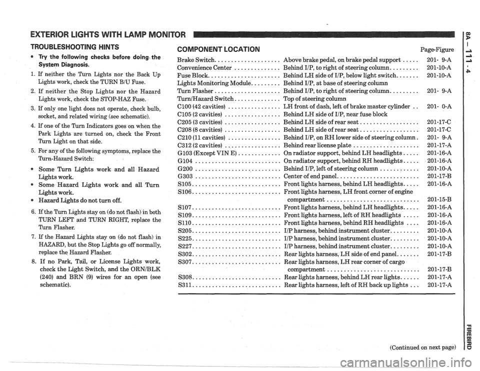PONTIAC FIERO 1988  Service Repair Manual 
EXTERIOR LIGHTS WITH LAMP MONITOR I: 
TROUBLESHOOTING  HINTS 
r Try the follovving checks  before doing the 
Systern Diagnosis . 
1 . If neither  the Turn  Lights  nor the Back  Up 
Lights  work. che