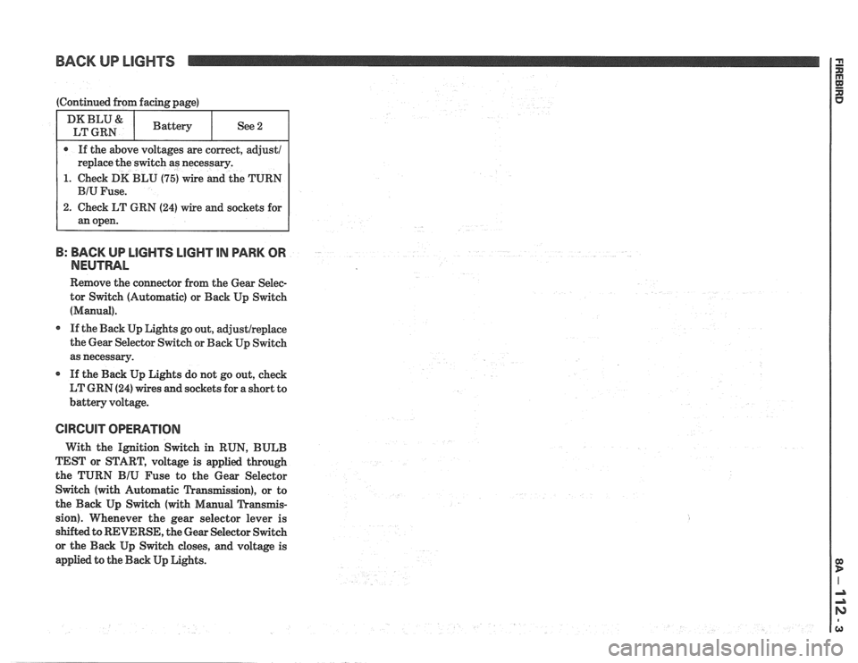 PONTIAC FIERO 1988  Service Repair Manual 
BACK UP LIGHTS 
1. Check DK BLU (75) wire and the TURN 
B: BACK UP LlGHTS LIGHT IN PARK  OR 
NEUTRAL 
Remove  the connector  from the Gear  Selec- 
tor  Switch (Automatic)  or Back  Up Switch 
(Manua
