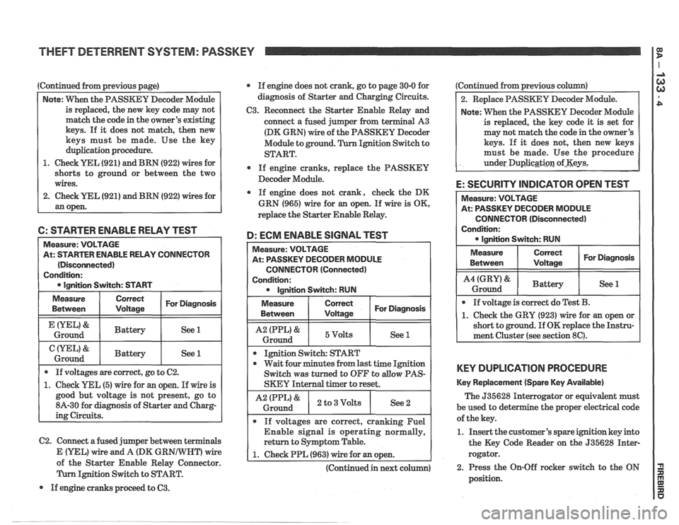 PONTIAC FIERO 1988  Service Repair Manual 
Continued from previous  page) 
Note: VVhen the PASSKEY  Decoder Module 
is  replaced,  the new  key code  may not 
match  the code  in the  owners  existing 
keys.  If it does  not match,  then new