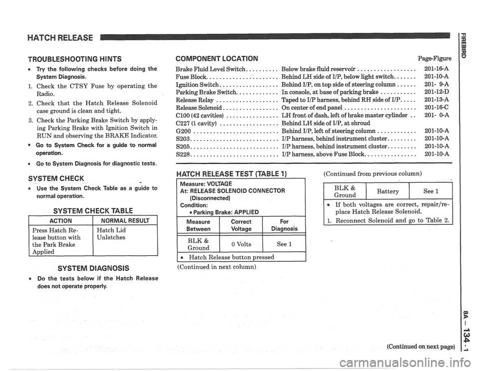 PONTIAC FIERO 1988  Service Repair Manual 
HATCH RELEASE P 
E 
TROUBLESHOOTING H lNTS 
0 Try the  following  checks  before  doing  the 
System  Diagnosis. 
1. Check the CTSY  Fuse by operating  the 
Radio. 
2. Check  that  the  Hatch Release
