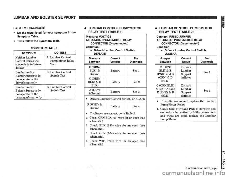 PONTIAC FIERO 1988  Service Repair Manual 
LUMBAR AND BOLSTER  SUPPORT 
SYSTEM DIAGNOSIS A: LUMBAR CONTROL PUMPIMCITOR A: LUMBAR  CONTROL PUMPIMOTOR 
At: LUMBAR PUMPIMOTOR RELAY 
CONNECTOR  (Disconnected) 
Drivers  Lumbar Control  Switch: 
0