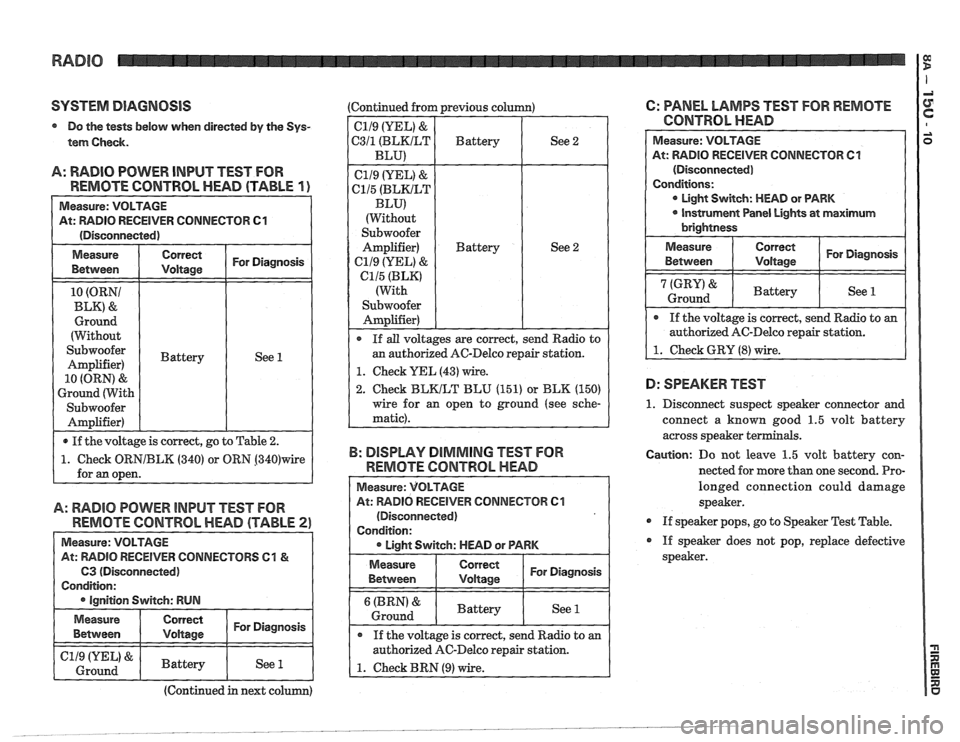 PONTIAC FIERO 1988  Service Repair Manual 
SYSTEM DIAGNOSIS 
Do the  tests  below when  directed by the  Sys- 
tem  Check. 
A: RADIO POWER  INPUT TEST FOR 
REMOTE CONTROL  HEAD (TABLE 
1 ) 
Measure:  VOLTAGE 
At:  RADIO  RECEIVER  CONNECTOR 

