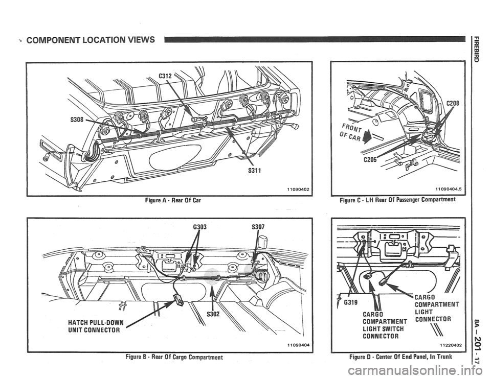 PONTIAC FIERO 1988  Service Repair Manual 
COMPONENT LOCATION VIEWS 18 
Figure A - Rear Of Car 
Figure B - Rear Of Cargo Compartment 
 CAR^^ BIGHT 
COMPARTMENT Co~NeCTOR  \ 
LlGHT SWITCH 
CONNECTOR   