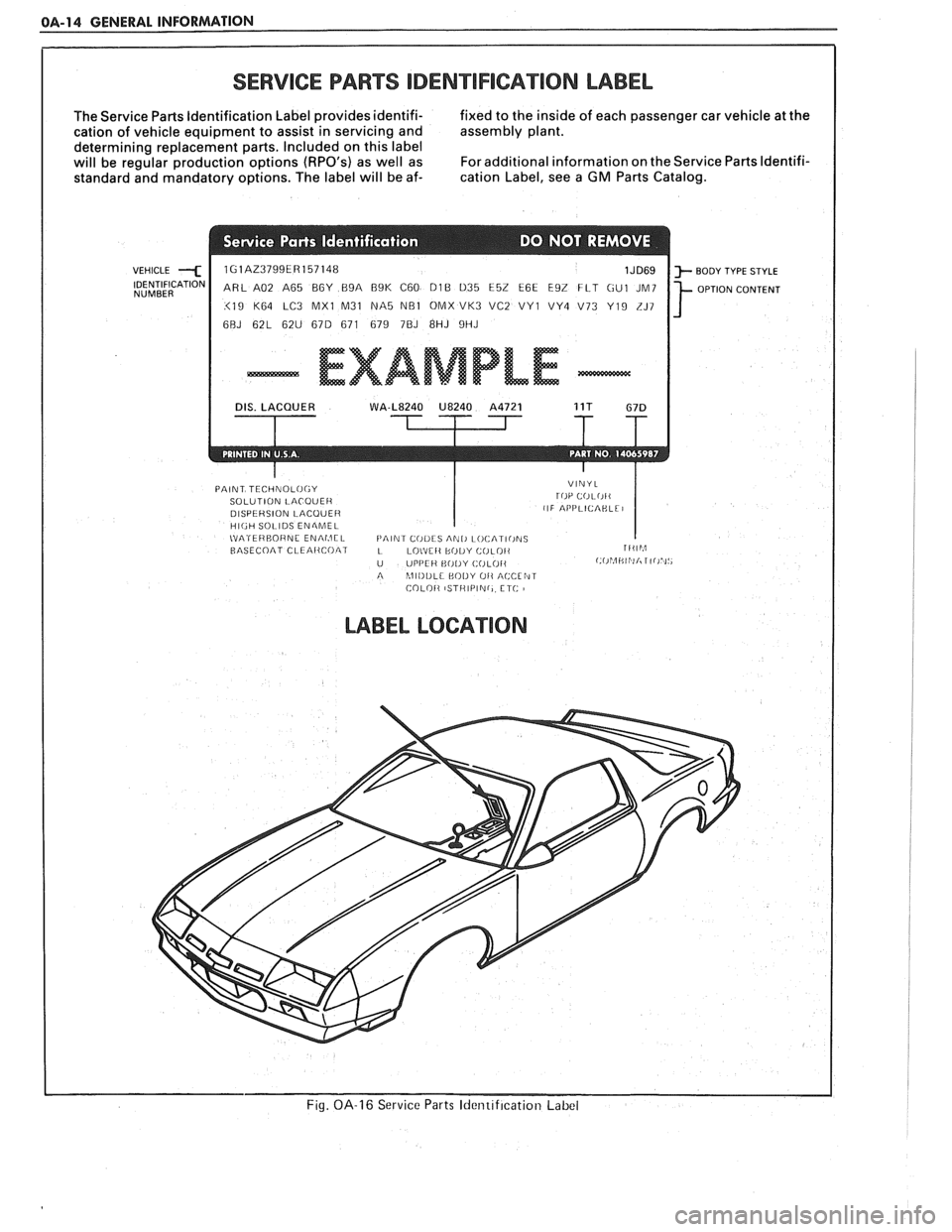 PONTIAC FIERO 1988 Service Repair Manual
0.4-14 GENERAL INFORMATION
SERVICE PARE SlDENTlFlGATlON LABEL
The Service Parts Identification Label provides identifi- fixed to the inside of each passenger car vehicle at the
cation of PONTIAC FIERO 1988 Service Repair Manual
0.4-14 GENERAL INFORMATION
SERVICE PARE SlDENTlFlGATlON LABEL
The Service Parts Identification Label provides identifi- fixed to the inside of each passenger car vehicle at the
cation of