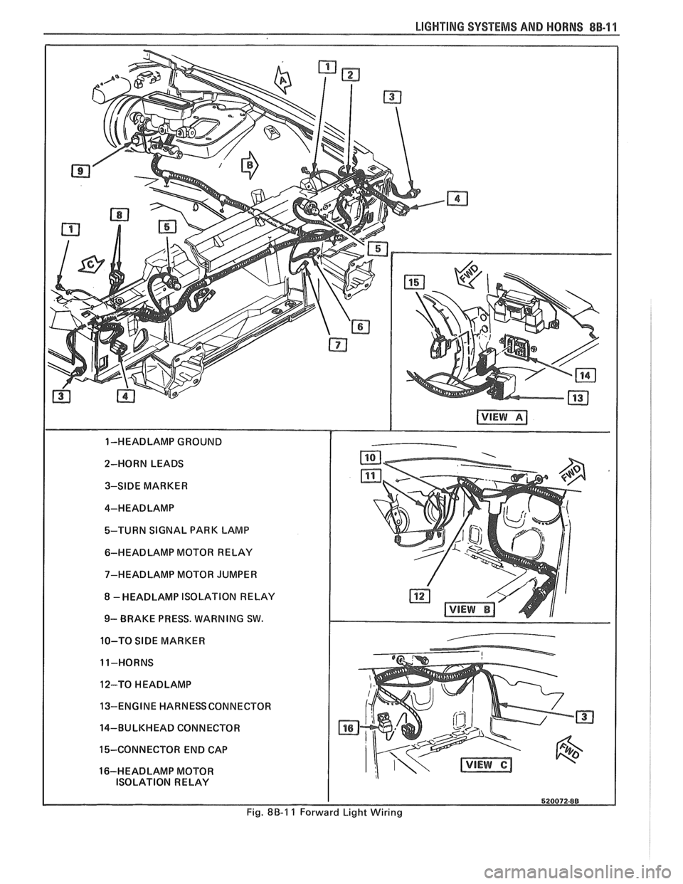 PONTIAC FIERO 1988  Service Repair Manual 
LIGHTING SYSTEMS AND HORNS 8B-11 
2-HORN  LEADS 3-SIDE  MARKER 
4-HEADLAMP 
%-TURN SIGNAL PARK  LAMP 
6-HEADLAMP  MOTOR  RELAY 
7-HEADLAMP  MOTOR JUMPER 
8 -HEADLAMP ISOLATION  RELAY 
9- BRAKE PRESS.
