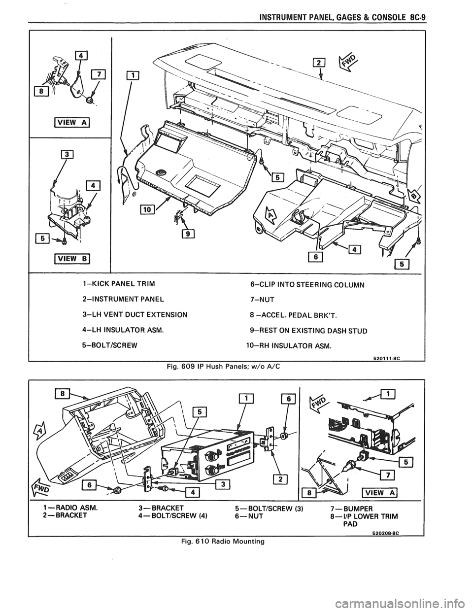 PONTIAC FIERO 1988  Service Repair Manual 
INSTRUMENT PANEL,  GAGES & CONSOLE 8C-9 
2-INSTRUMENT  PANEL  7-NUT 
3-LH  VENT  DUCT EXTENSION 
8 -ACCE L. PEDAL  BR KT. 
4-LH  INSULATOR  ASM. 
9-REST  ON EXISTING DASH STUD 
5-BOLT/SCREW 10-RH  I