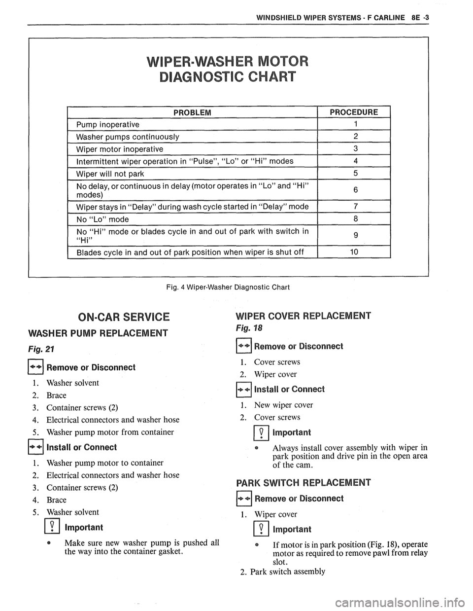 PONTIAC FIERO 1988  Service Repair Manual 
WINDSHIELD WIPER SYSTEMS - F CARLINE 8E -3 
WIPER-WASHER MOTOR 
DIAGNOSTIC CHART 
Fig. 4 Wiper-Washer  Diagnostic Chart 
ON-CAR SERVICE WIPER COVER REPLACEMENT 
VVASHER PUMP REPLACEMENT Fig. 18 
Fig.