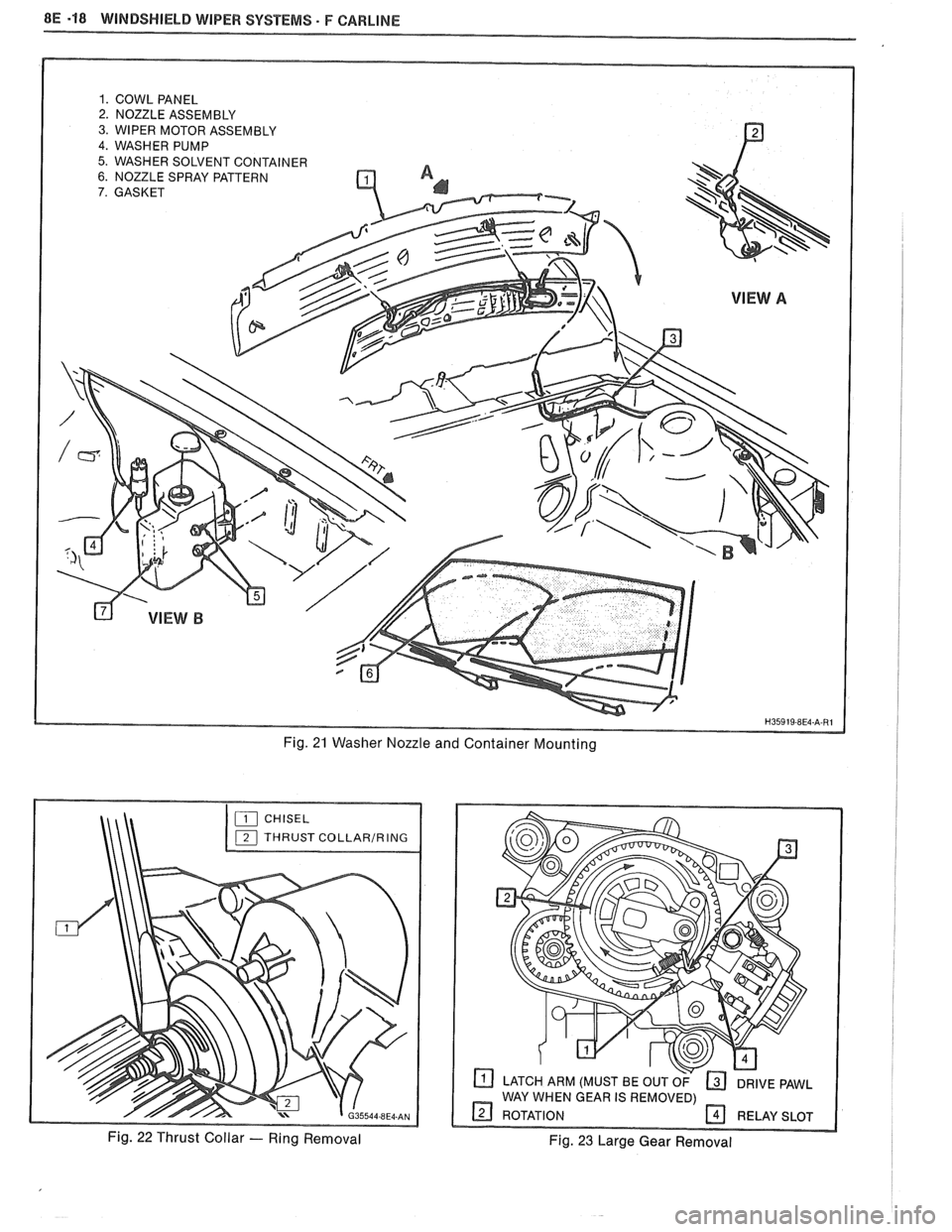 PONTIAC FIERO 1988  Service Repair Manual 
8E -18 WINDSHIELD WIPER SYSTEMS. F CAWLINE 
1. COWL PANEL 2. NOZZLE  ASSEMBLY 
3. WIPER MOTOR  ASSEMBLY 
4. WASHER  PUMP 
5. WASHER SOLVENT CONTAINER 6. NOZZLE SPRAY  PATTERN 
7. GASKET 
Fig. 21 Wash