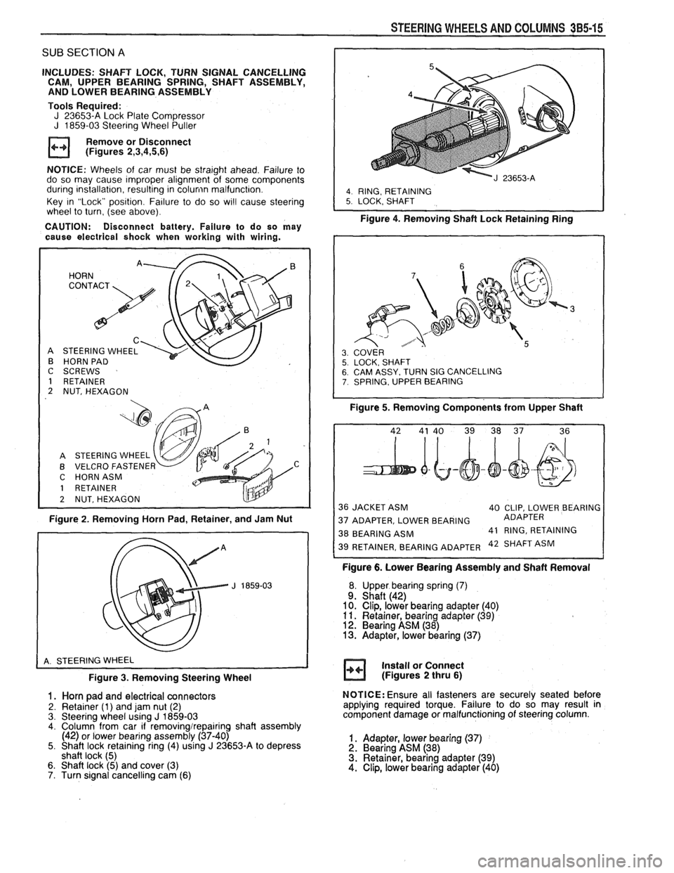 PONTIAC FIERO 1988  Service Repair Manual 
SUB SECTION A 
INCLUDES:  SHAFT LOCK, TURN  SIGNAL  CANCELLING 
CAM,  UPPER  BEARING SPRING, SHAFT  ASSEMBLY, 
AND  LOWER  BEARING  ASSEMBLY 
Tools Required: 
J 23653-A  Lock Plate Compressor J 1859-