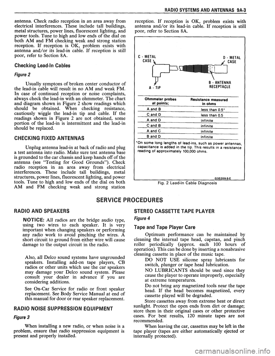 PONTIAC FIERO 1988  Service Repair Manual 
RADIO SYSTEMS AND ANTENNAS 9A-3 
antenna.  Check radio reception  in  an area  away  from 
reception.  If  reception  is  OK, problem  exists  with 
electrical  interferences.  These  include  tall b