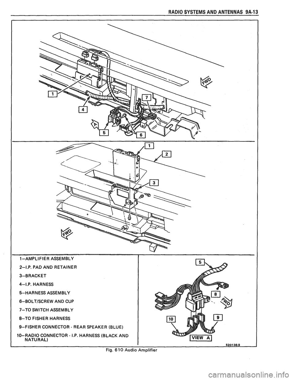 PONTIAC FIERO 1988  Service Repair Manual 
RADIO SYSTEMS AND ANTENNAS 9A.13 
1-AMPLIFIER  ASSEMBLY 
2-I.P.  PAD AND  RETAINER 
3-BRACKET 
4-I.P.  HARNESS  5-HARNESS  ASSEMBLY 
6-BOLTISCREW  AND CUP 
7-TO  SWITCH ASSEMBLY 
8-TO  FISHER  HARNES