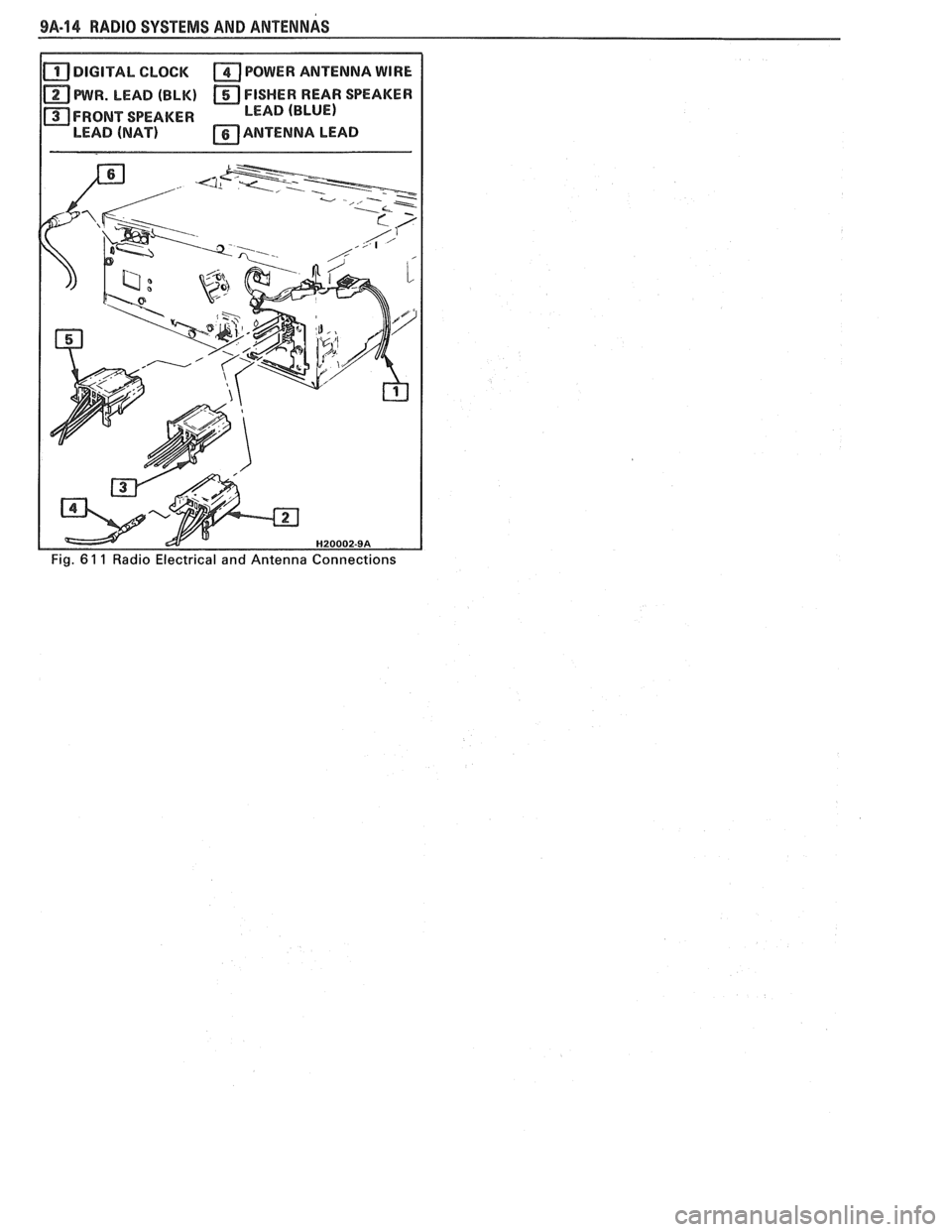 PONTIAC FIERO 1988  Service Repair Manual 
9A-14 RADIO SYSTEMS AND ANTENNAS 
DIGITAL CLOCK POWER ANTENNA WIRE 
PWR. LEAD (BLK) FISHER REAR SPEAKER 
FRONT SPEAKER LEAD  (BLUE) 
LEAD 
(NAT) ANTENNA  LEAD   