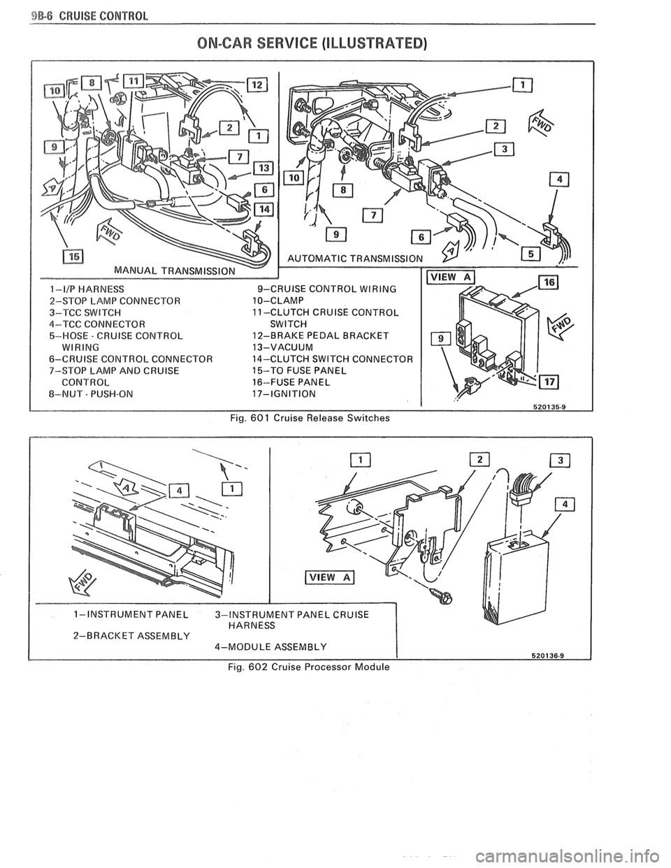 PONTIAC FIERO 1988  Service Repair Manual 
BB-8 CRUISE CONTROL 
ON-CAR SERVICE (ILLUSTRAEED) 
2-BRACKET ASSEMBLY 4-MODULE ASSEMBLY 
Fig. 602 Cruise Processor  Module   