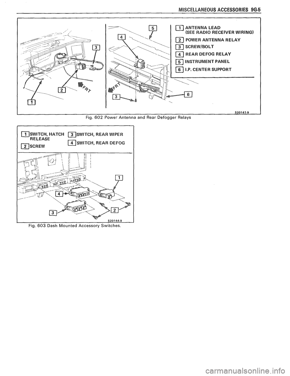PONTIAC FIERO 1988  Service Repair Manual 
MISCELLANEOUS ACCESSORIES 9G-5 
ANTENNA LEAD 
(SEE  RADIO  RECEIVER  WIRING) 
POWER  ANTENNA  RELAY 
SCREWIBOLT 
 REARD DEFOG RELAY 
INSTRUMENT  PANEL 
11 I.P. CENTER SUPPORT XJ I 
Fig. 602 Powe: Ant