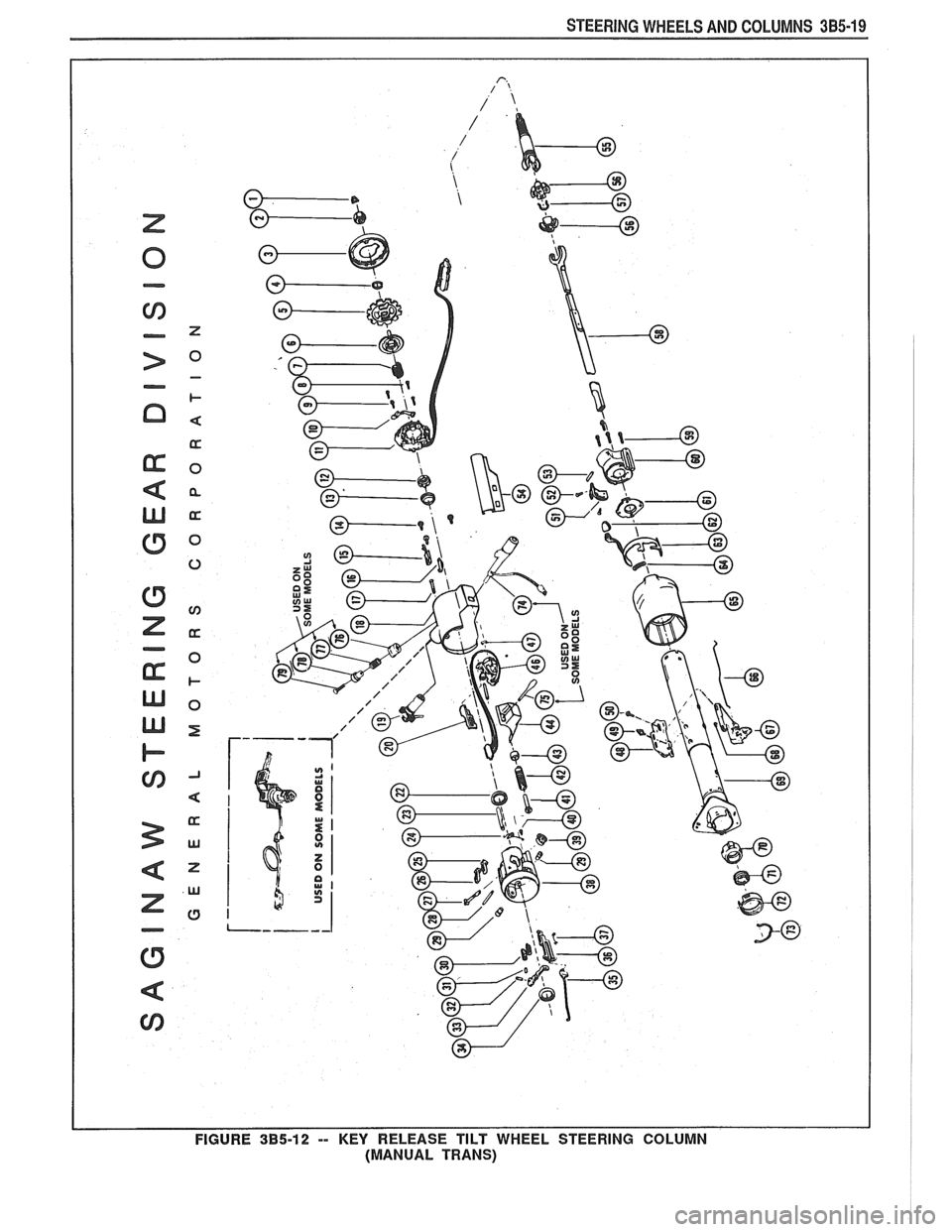 PONTIAC FIERO 1988  Service Repair Manual 
STEERING WHEELS AND COLUMNS 385-19 
I I FIGURE 385-12 -- KEY RELEASE TILT WHEEL  STEERING  COLUMN 
(MANUAL  TRANS)   